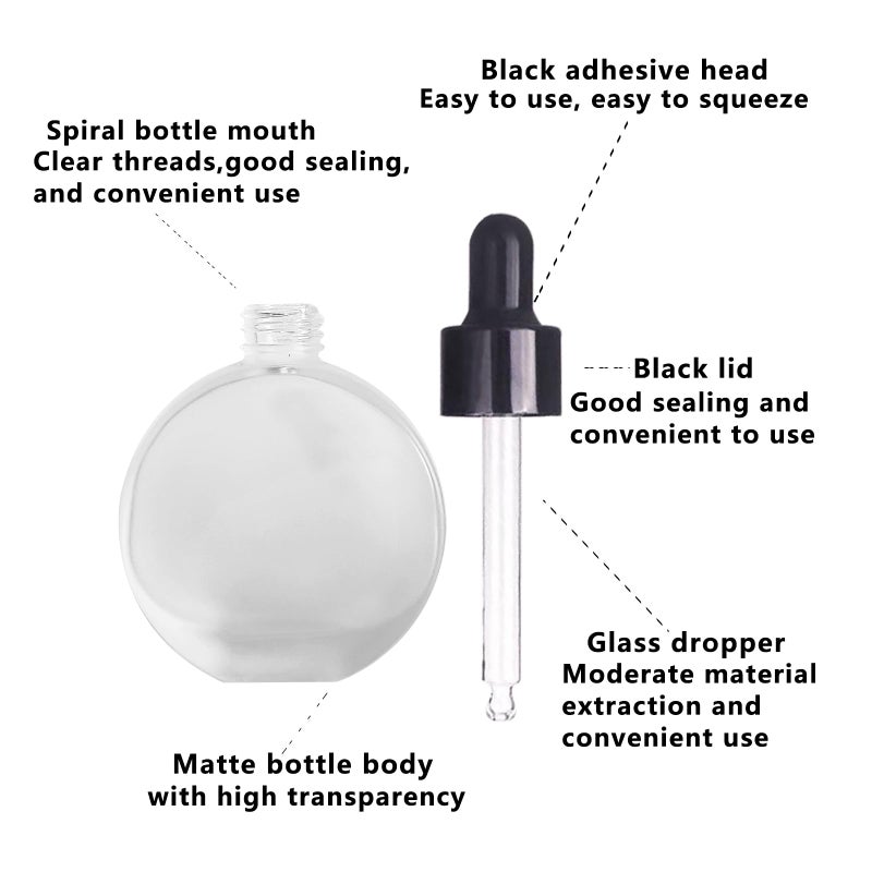 PYAWI 6Pcs 2 oz Frosted Glass Dropper Bottles for Essential Oils 60ml Flat Round Perfume Bottle for Essential Oils  Perfumes Serums - Leakproof for Travel (Clear Frosted) - Image 3